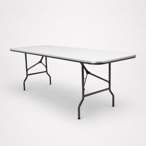 White folding banquet table with metal frame and collapsible legs on a light background