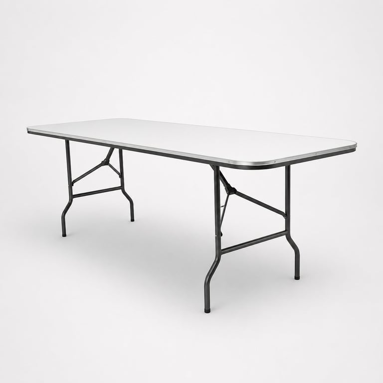 White folding banquet table with metal frame and collapsible legs on a light background