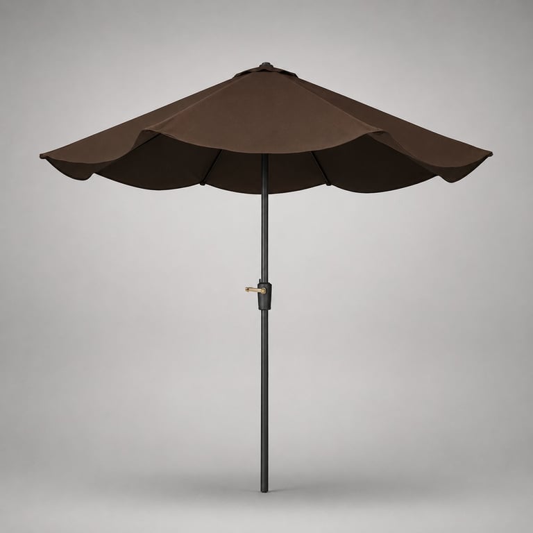 Brown umbrella with wide canopy on tall gray pole against neutral background