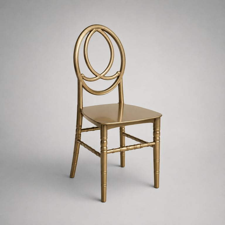 Gold decorative chair with ornate oval backrest and solid seat against white background