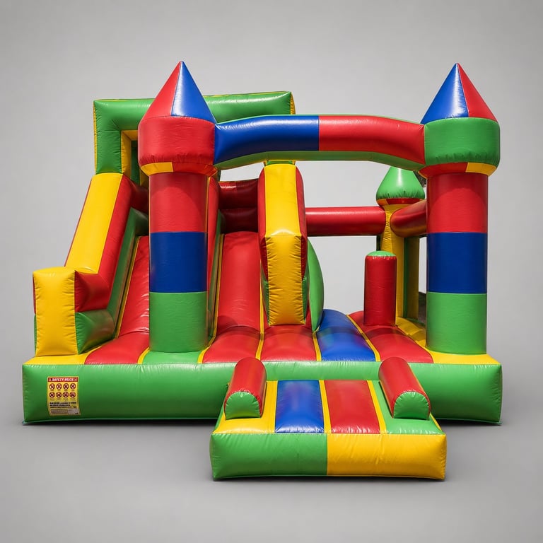Large colorful inflatable bounce house with multiple slides, towers, and play structures in red, blue, yellow, and green