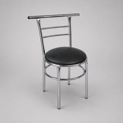 Modern metal chair with black padded round seat, silver frame, and horizontal back slats against a neutral gray background