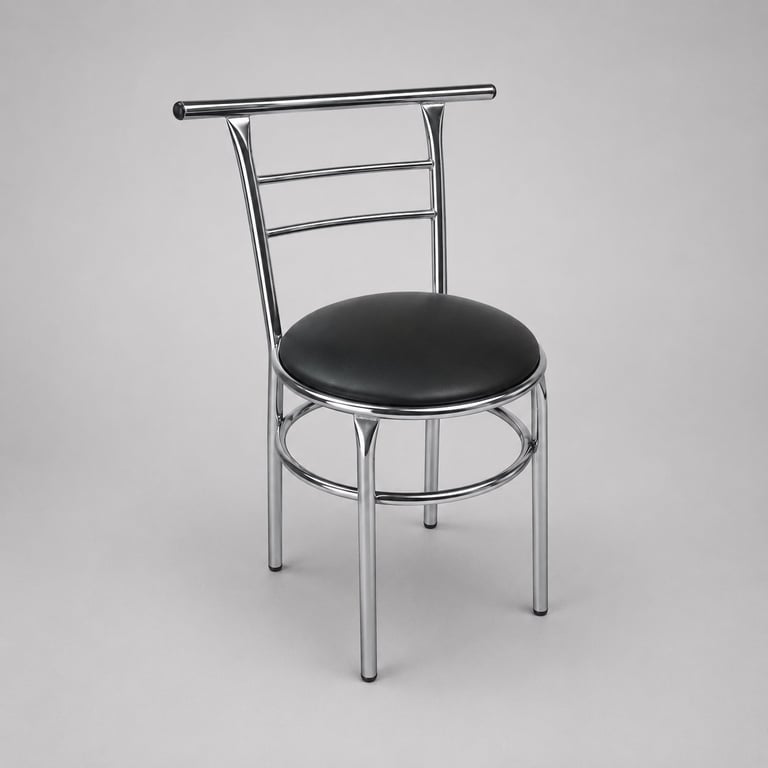 Modern metal chair with black padded round seat, silver frame, and horizontal back slats against a neutral gray background