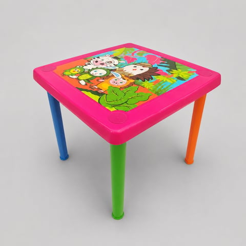 Colorful childrens play table with bright pink top featuring animals and cartoon characters, supported by four rainbow-colored legs