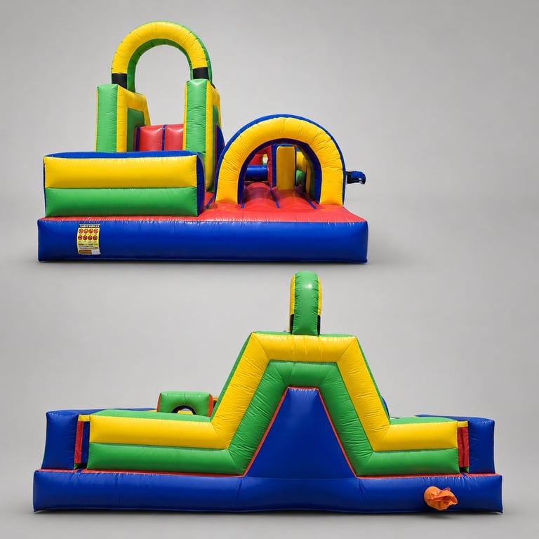 Two colorful inflatable bounce houses with yellow, green, and blue sections featuring arches and climbing obstacles on gray background