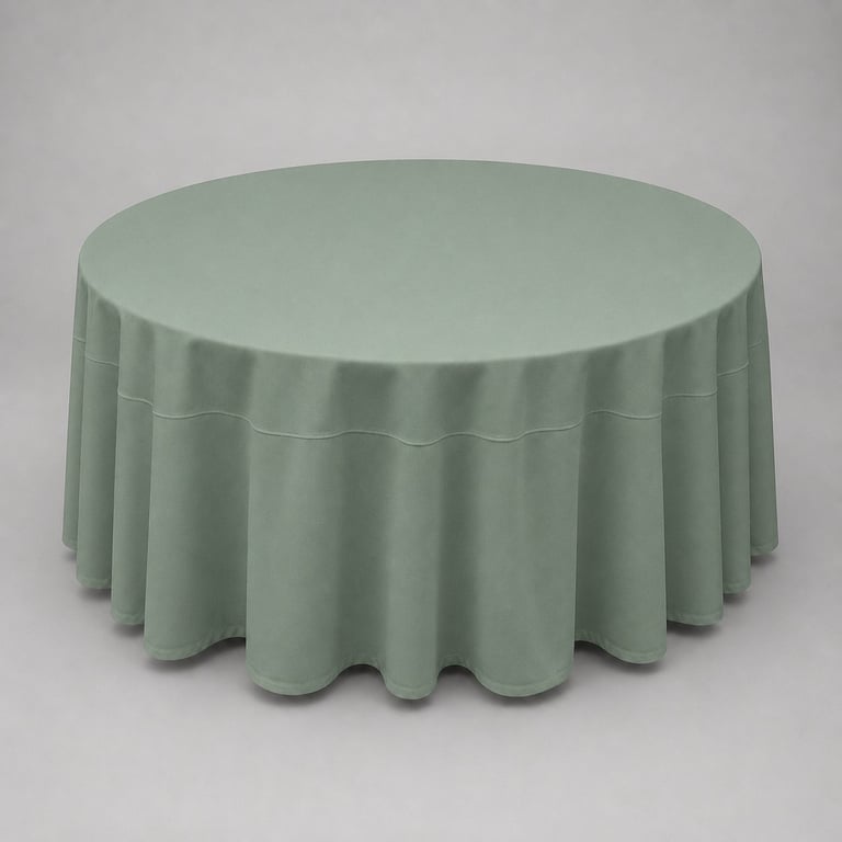 Sage green round tablecloth with draped fabric and scalloped hem edges on white background