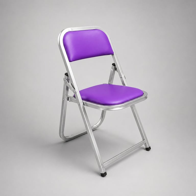 Purple and silver folding chair with padded backrest and seat cushion on gray background