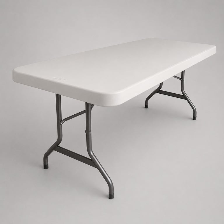 White portable folding table with black metal legs on a gray background