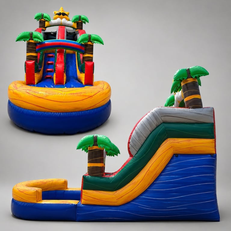 Two colorful inflatable bounce houses with tropical palm tree decorations, blue and orange slide, and red accents on gray background