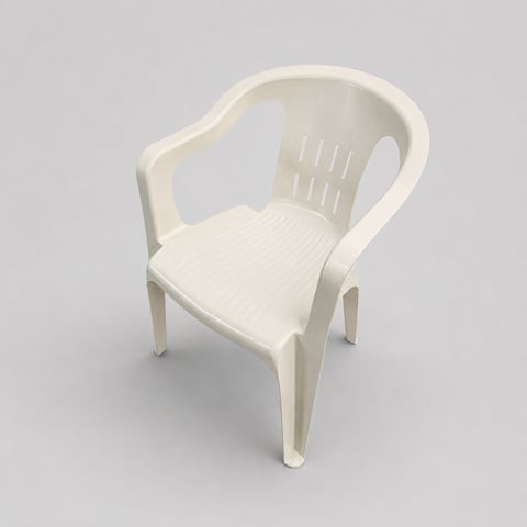 White plastic outdoor chair with curved armrests and slatted backrest, shown in 3D render