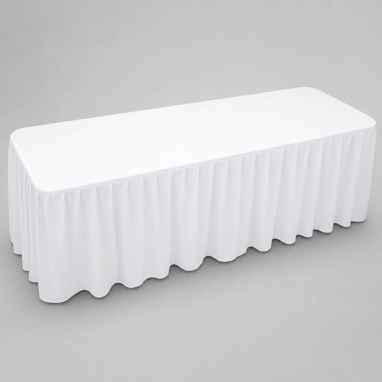 White pleated table skirt or skirting with gathered fabric drape on gray background