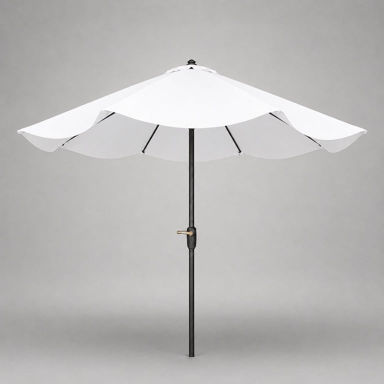 White patio umbrella with dark pole against neutral background, viewed from below angle