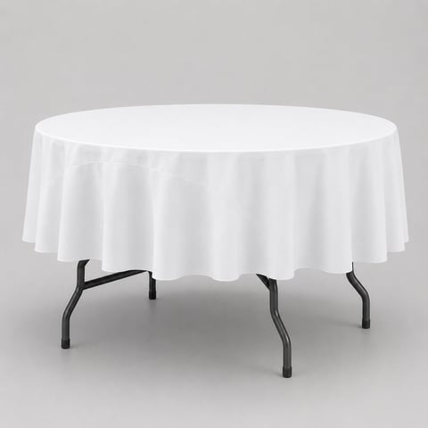 Round table with white tablecloth and black folding legs against gray background