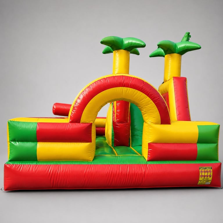 Colorful inflatable bounce house with red, yellow, and green sections, featuring climbing structures and multiple play areas