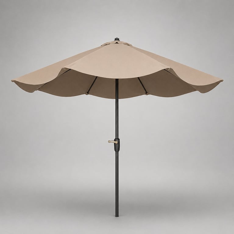 Beige and brown patio umbrella with metal pole on white background