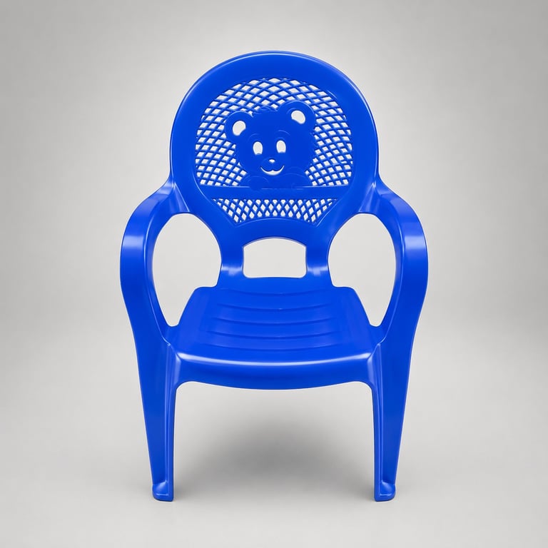 Blue plastic childs chair with smiley face design and perforated back, viewed from front against white background.